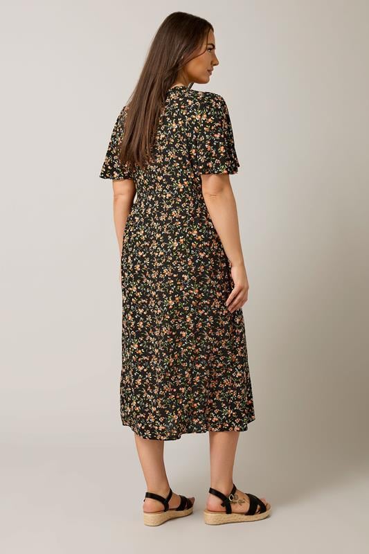 Evans EVANS Curve Black & Orange Floral Print Midi Dress