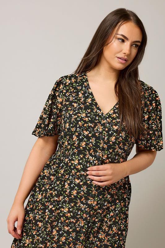 Evans EVANS Curve Black & Orange Floral Print Midi Dress