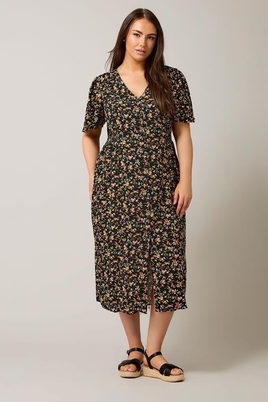evans EVANS Curve Black & Orange Floral Print Midi Dress