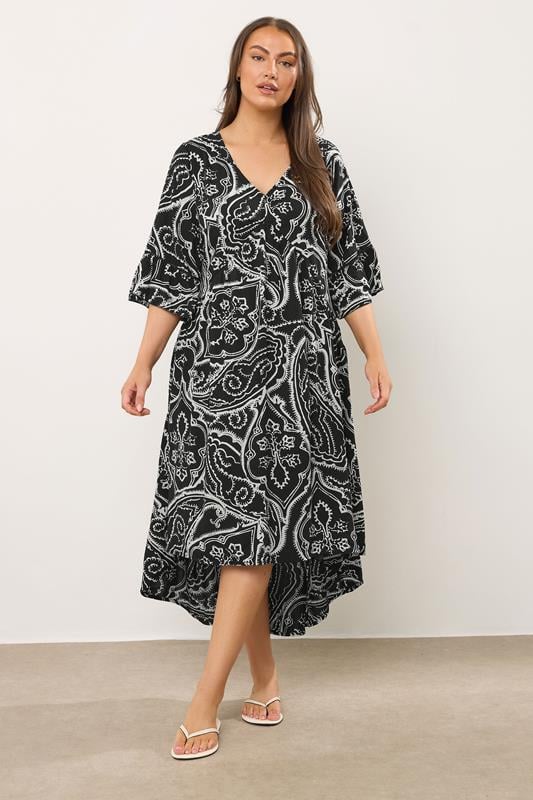 Evans EVANS Curve Black Paisley Print Dipped Hem Dress