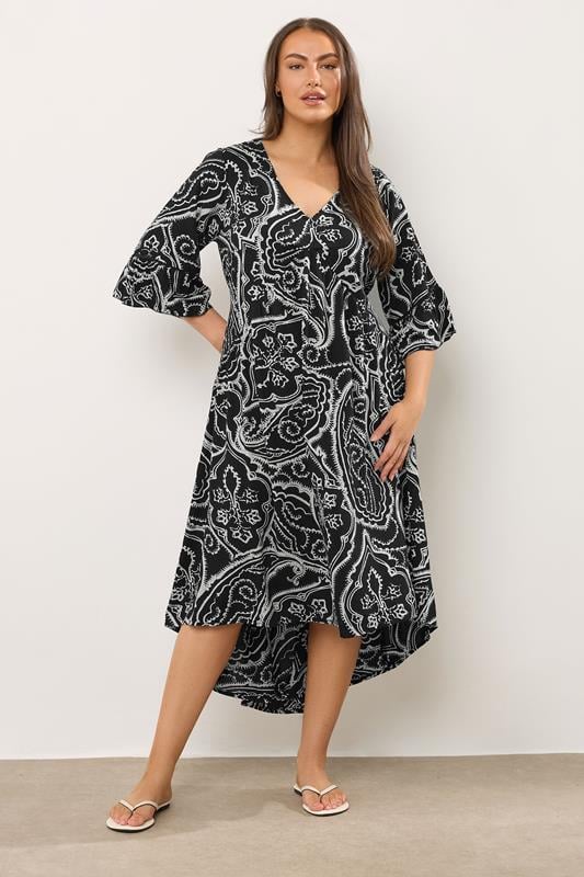 evans EVANS Curve Black Paisley Print Dipped Hem Dress