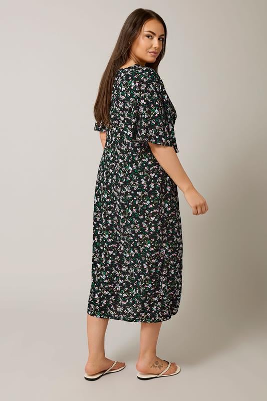 Evans EVANS Curve Black & Pink Floral Print Midi Dress