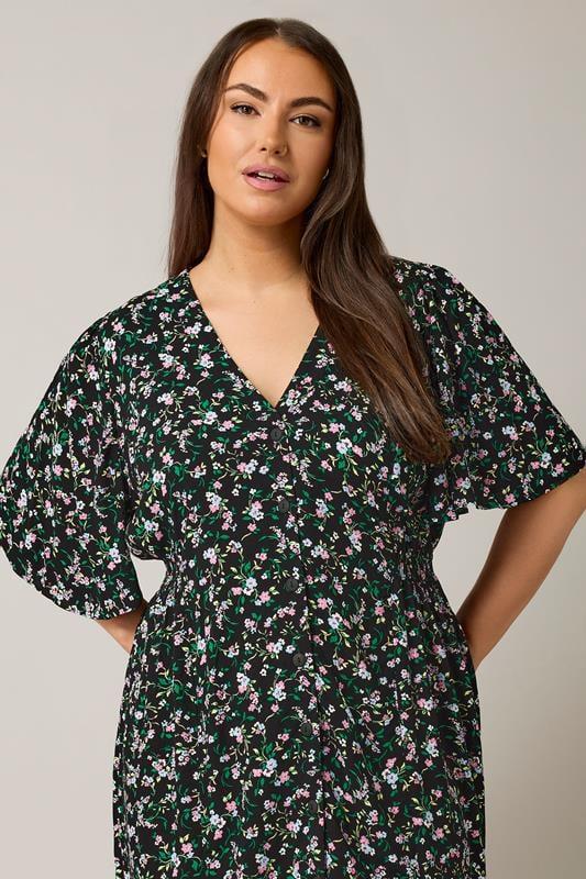 Evans EVANS Curve Black & Pink Floral Print Midi Dress