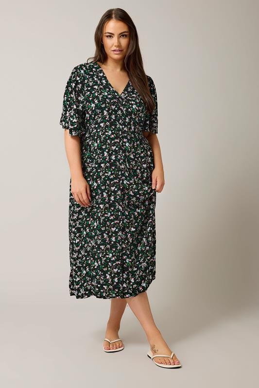 evans EVANS Curve Black & Pink Floral Print Midi Dress