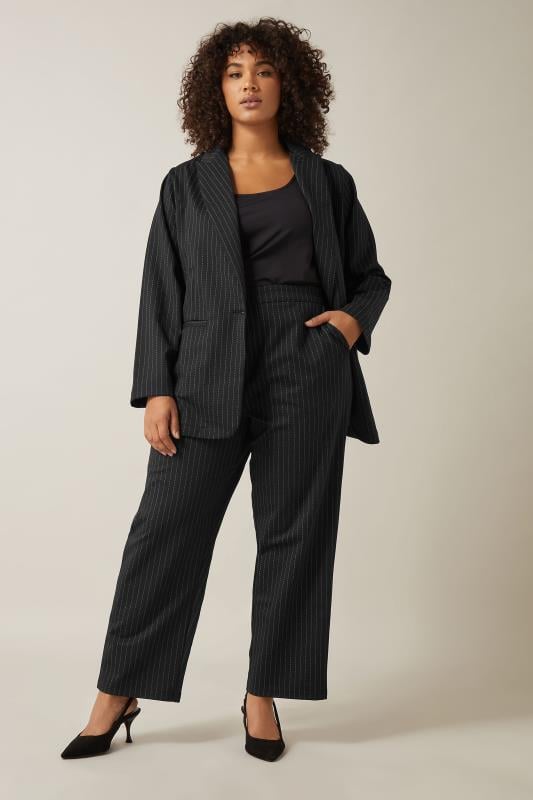 Evans EVANS Curve Black Pinstripe Wide Leg Trousers
