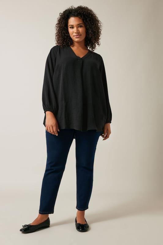 Evans EVANS Curve Black Pleat Front Long Sleeve Blouse