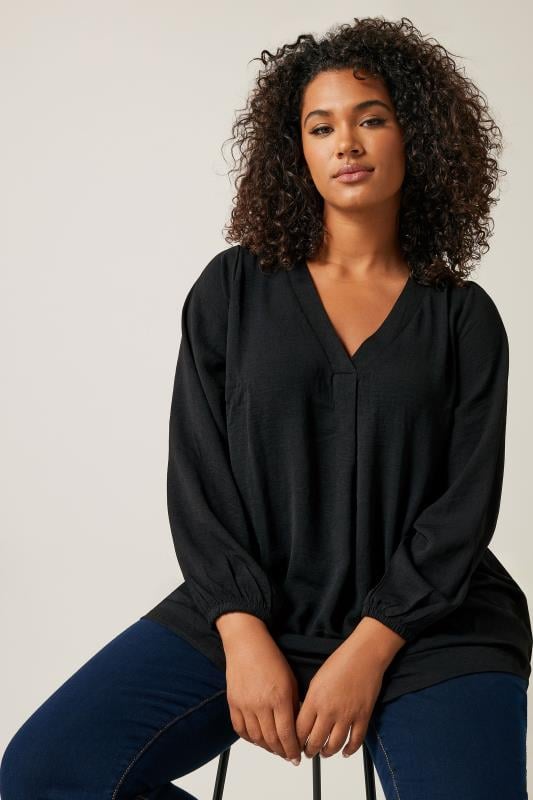 evans EVANS Curve Black Pleat Front Long Sleeve Blouse