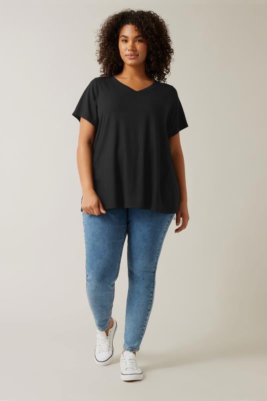 Evans EVANS Curve Black Premium Ribbed Modal Blend T-Shirt