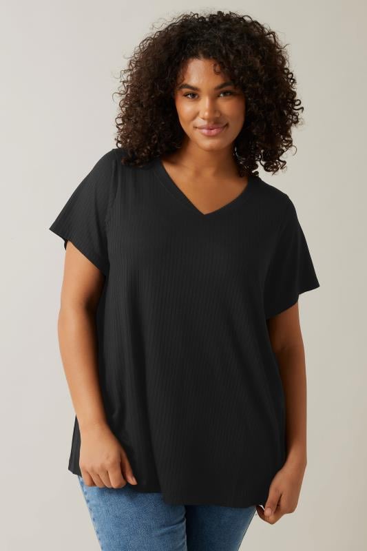 evans EVANS Curve Black Premium Ribbed Modal Blend T-Shirt
