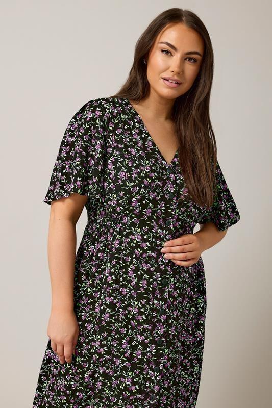 Evans EVANS Curve Black & Purple Floral Print Midi Dress