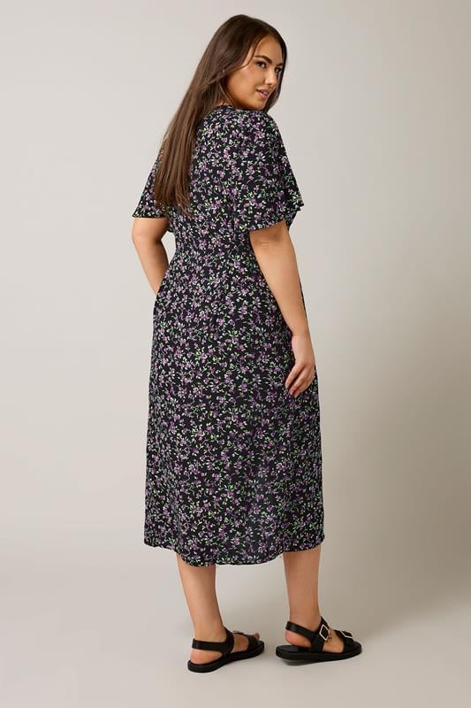 Evans EVANS Curve Black & Purple Floral Print Midi Dress