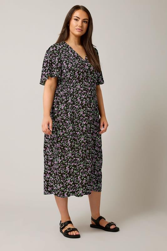 Evans EVANS Curve Black & Purple Floral Print Midi Dress