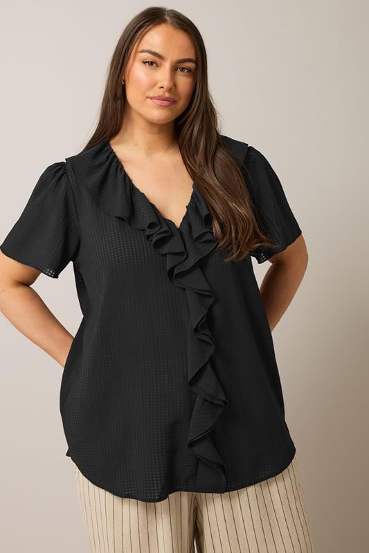 evans EVANS Curve Black Ruffle Neck Short Sleeve Blouse