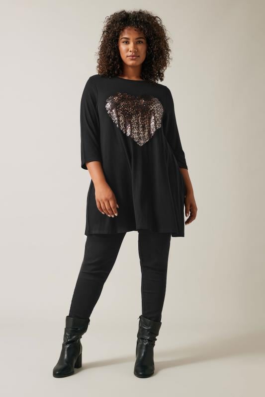 Evans EVANS Curve Black Sequin Embellished Heart Top