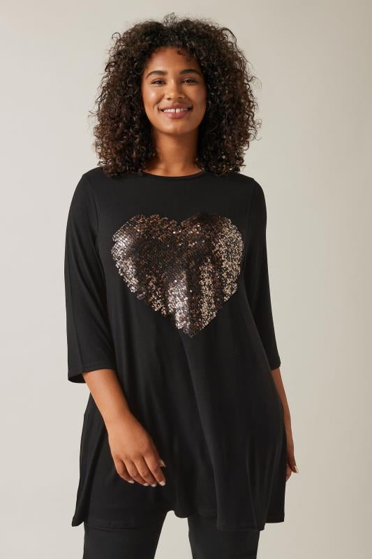 evans EVANS Curve Black Sequin Embellished Heart Top