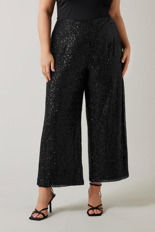 Evans EVANS Curve Black Sequin Embellished Wide Leg Trousers