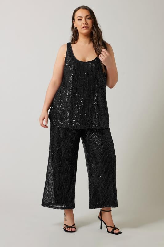 Evans EVANS Curve Black Sequin Embellished Wide Leg Trousers