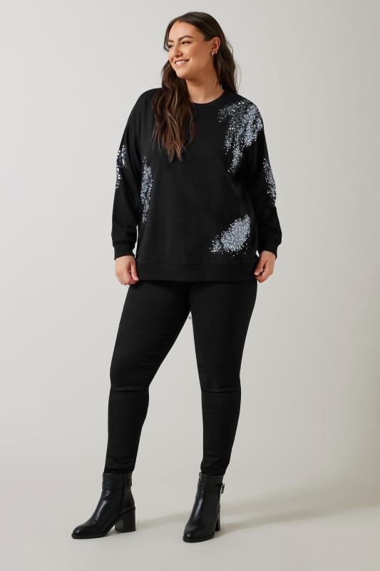 Evans EVANS Curve Black & Silver Sequin Embellished Sweatshirt