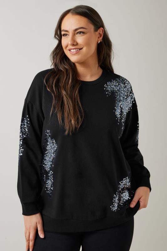 evans EVANS Curve Black & Silver Sequin Embellished Sweatshirt