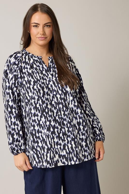 Evans EVANS Curve Black & White Abstract Print Frill Neck Blouse