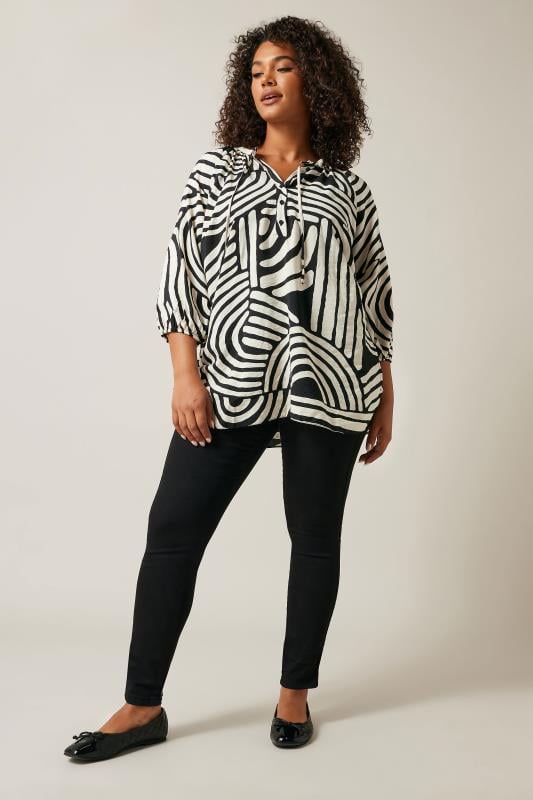Evans EVANS Curve Black & White Abstract Print Tie Neck Blouse