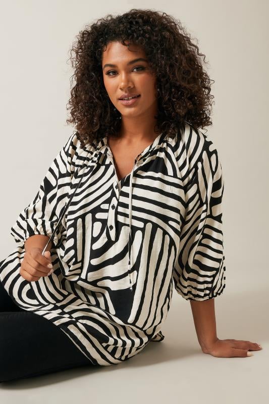 Evans EVANS Curve Black & White Abstract Print Tie Neck Blouse