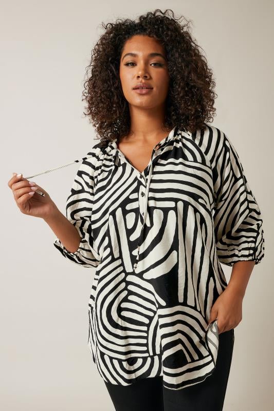 evans EVANS Curve Black & White Abstract Print Tie Neck Blouse