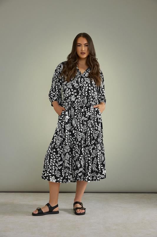Evans EVANS Curve Black & White Floral Print Shirt Dress