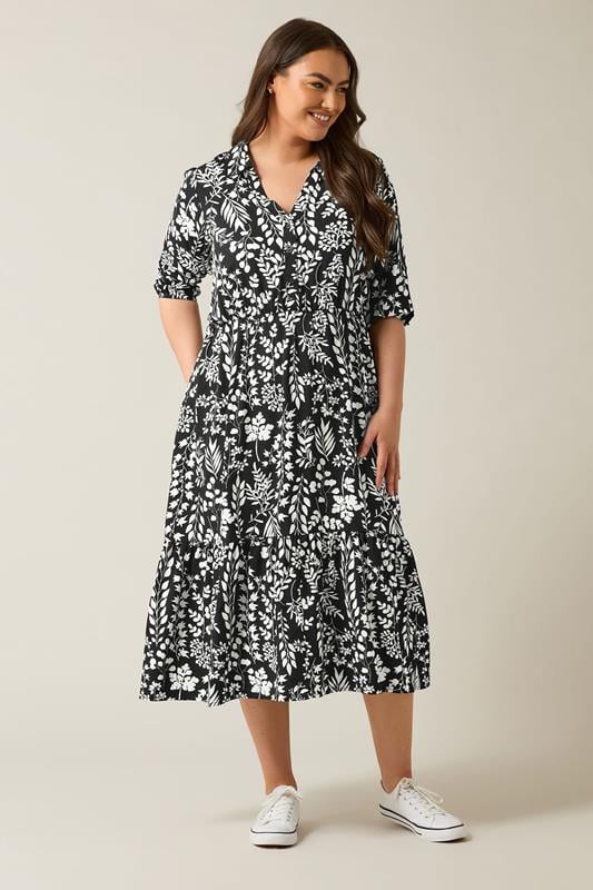 Evans EVANS Curve Black & White Floral Print Shirt Dress