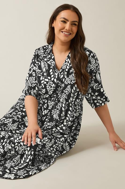 evans EVANS Curve Black & White Floral Print Shirt Dress