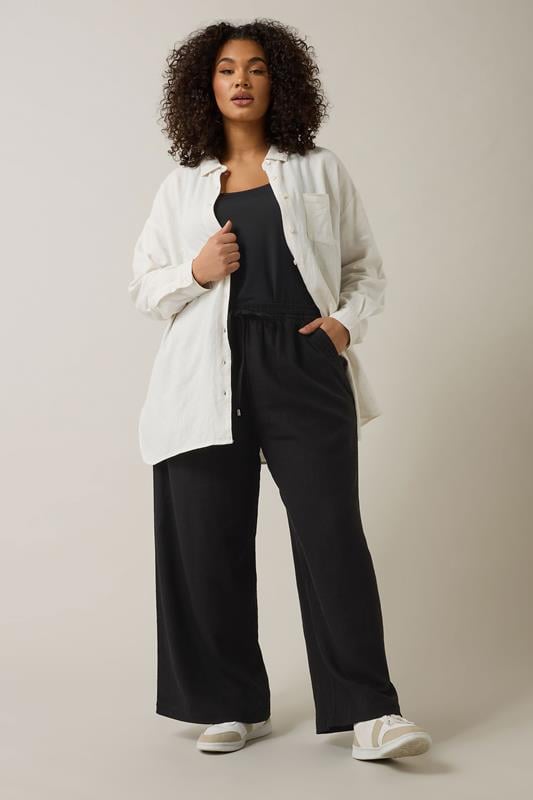 Evans EVANS Curve Black Wide Leg Premium Linen Trousers