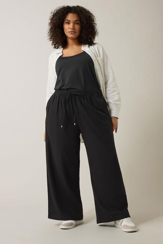 Evans EVANS Curve Black Wide Leg Premium Linen Trousers
