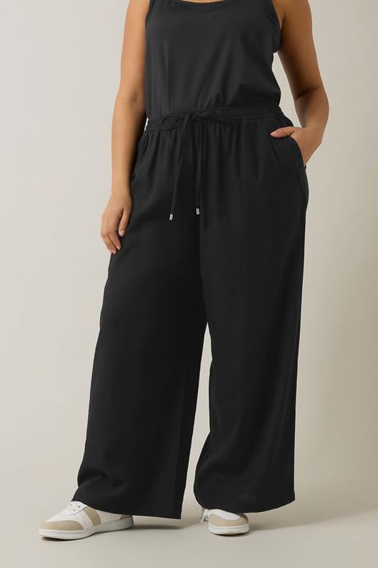 Evans EVANS Curve Black Wide Leg Premium Linen Trousers