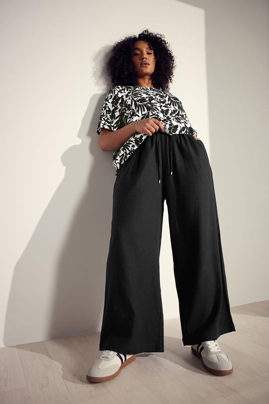 evans EVANS Curve Black Wide Leg Premium Linen Trousers