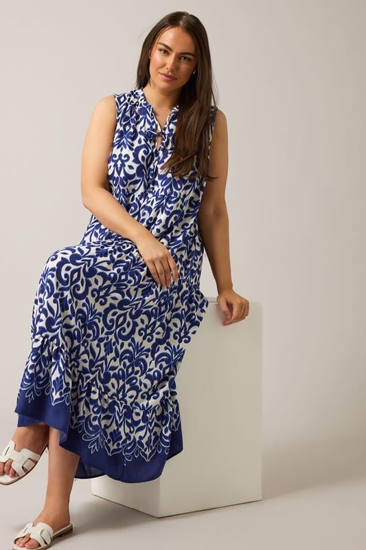 Evans EVANS Curve Blue Abstract Print Tiered Midaxi Dress