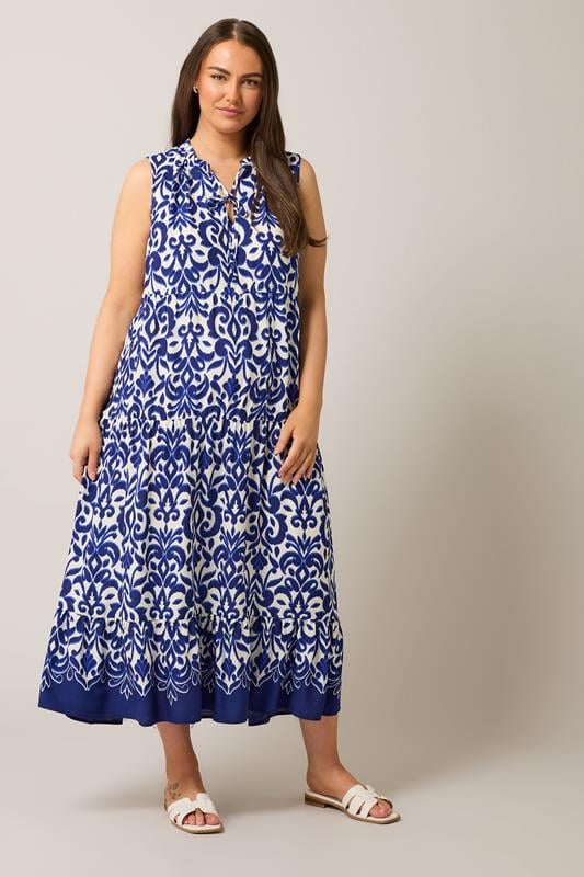 Evans EVANS Curve Blue Abstract Print Tiered Midaxi Dress
