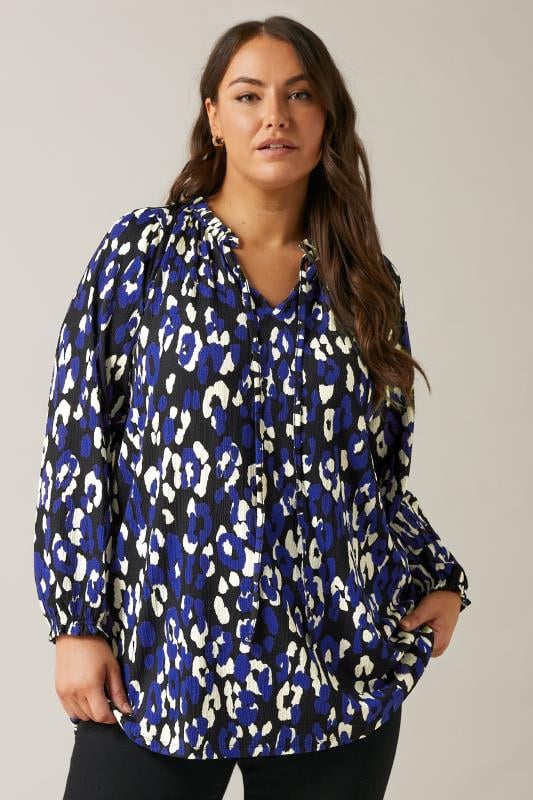 Evans EVANS Curve Blue Animal Print Jersey Crepe Blouse