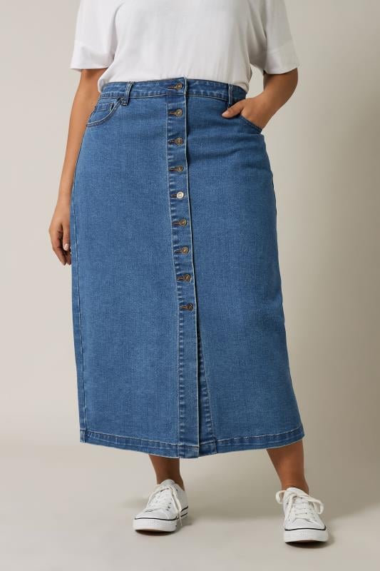 Evans EVANS Curve Blue Button Through Denim Maxi Skirt