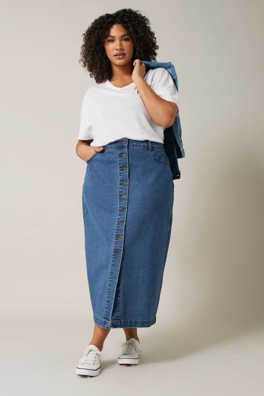 Evans EVANS Curve Blue Button Through Denim Maxi Skirt