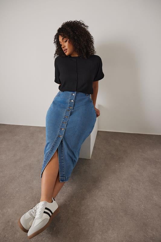 evans EVANS Curve Blue Button Through Denim Maxi Skirt