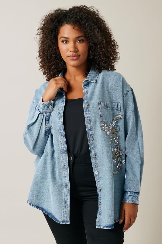Evans EVANS Curve Blue Denim Sequin Embellished Shirt