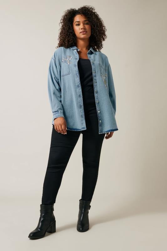 Evans EVANS Curve Blue Denim Sequin Embellished Shirt