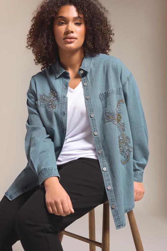 evans EVANS Curve Blue Denim Sequin Embellished Shirt