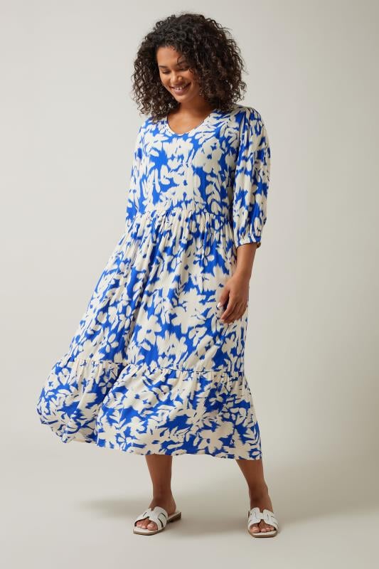 Evans EVANS Curve Blue Floral Blur Print Midi Dress