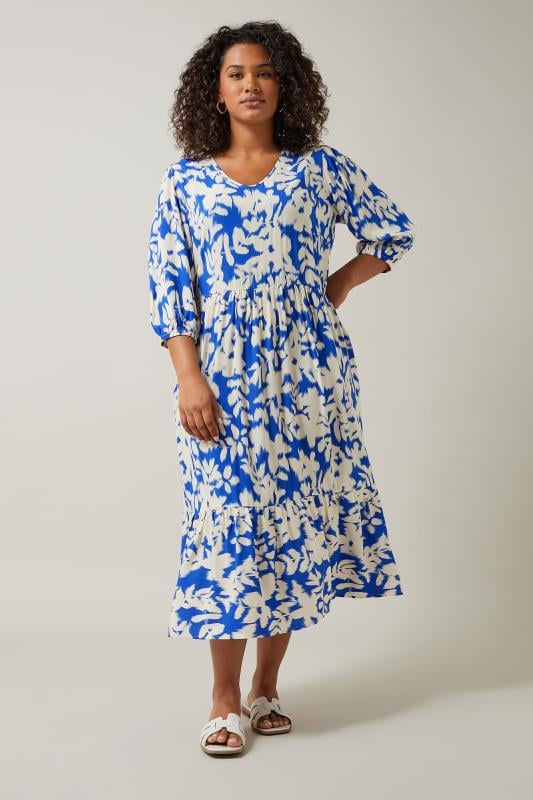 evans EVANS Curve Blue Floral Blur Print Midi Dress