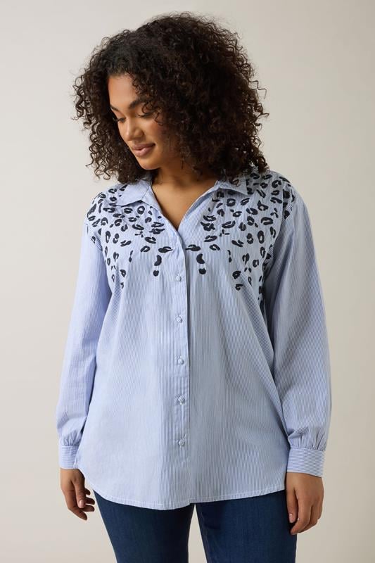 Evans EVANS Curve Blue Stripe Leopard Embroidered Shirt