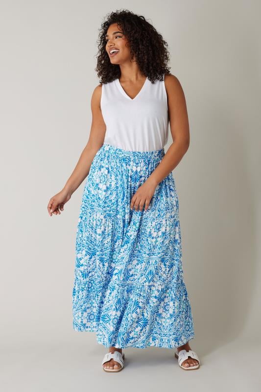 Evans EVANS Curve Blue Tile Print Tiered Maxi Skirt