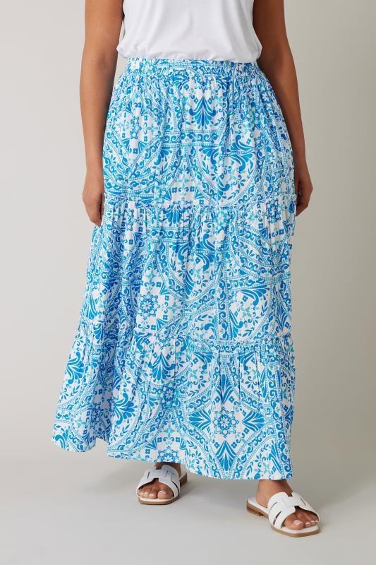 evans EVANS Curve Blue Tile Print Tiered Maxi Skirt