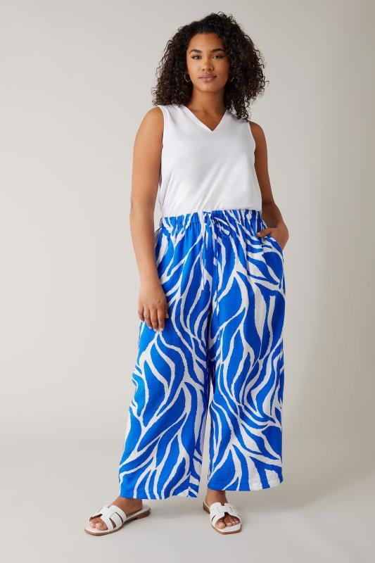 evans EVANS Curve Blue & White Abstract Print Wide Leg Trousers