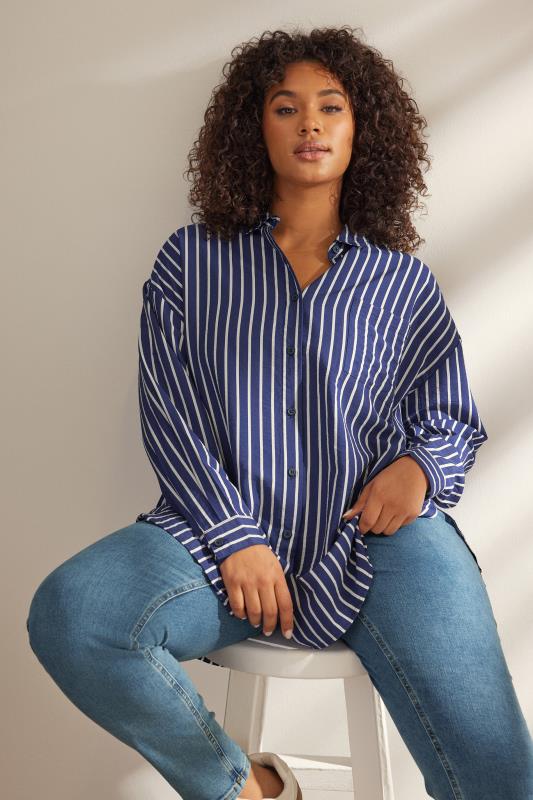 evans EVANS Curve Blue & White Stripe Girlfriend Shirt